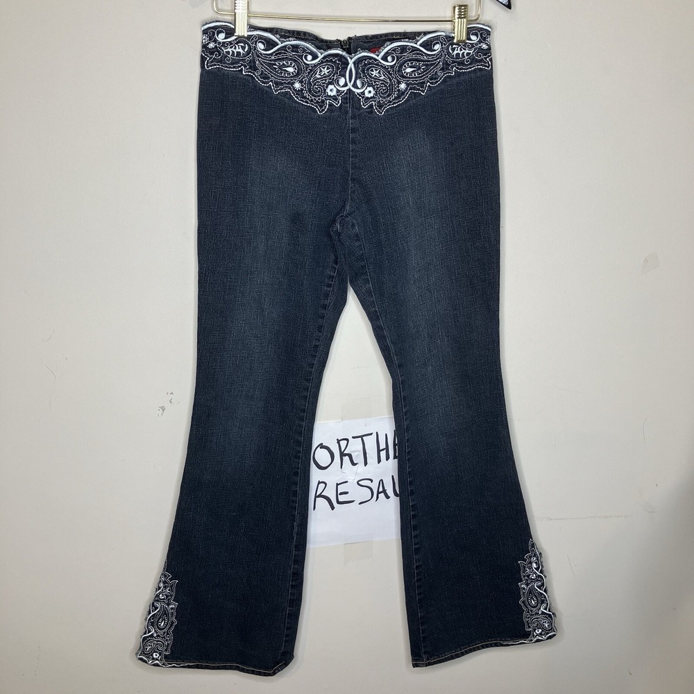 Lazer Jeans Womens Embroidered Floral Paisley Flare Leg Size 10/12 Vintage Y2K